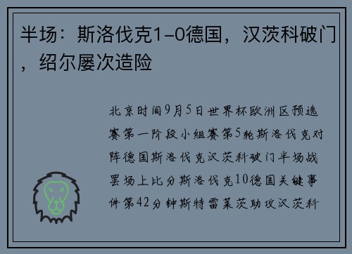 半场：斯洛伐克1-0德国，汉茨科破门，绍尔屡次造险