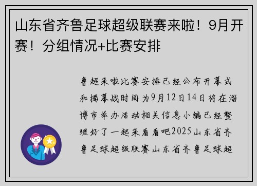 山东省齐鲁足球超级联赛来啦！9月开赛！分组情况+比赛安排