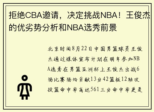 拒绝CBA邀请，决定挑战NBA！王俊杰的优劣势分析和NBA选秀前景